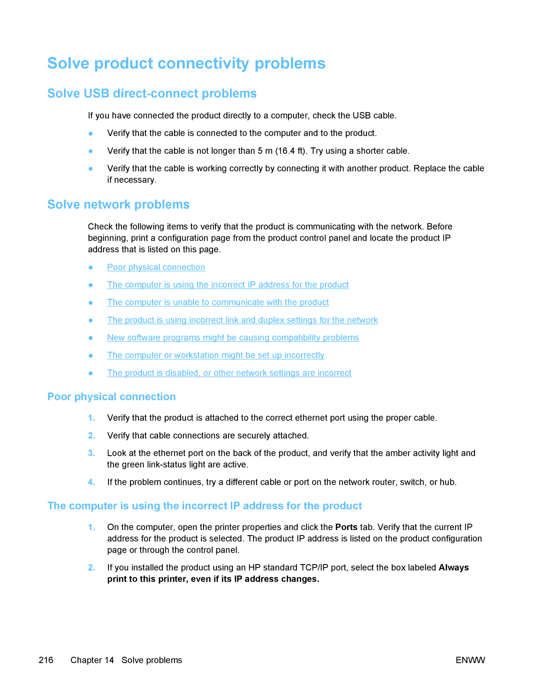 HP PRO X476 MFP manual Solve product connectivity problems, Solve USB direct-connect problems, Solve network problems 