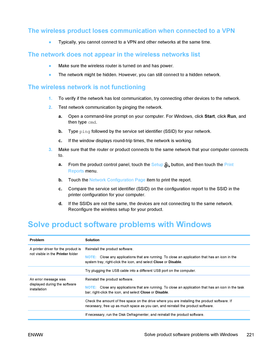 HP PRO X476 MFP manual Solve product software problems with Windows, Network does not appear in the wireless networks list 