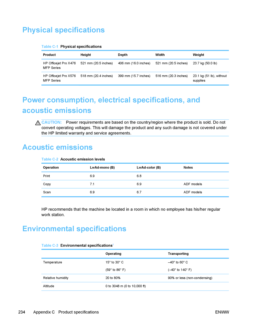 HP PRO X476 MFP manual Physical specifications, Environmental specifications, Product Height Depth Width Weight 