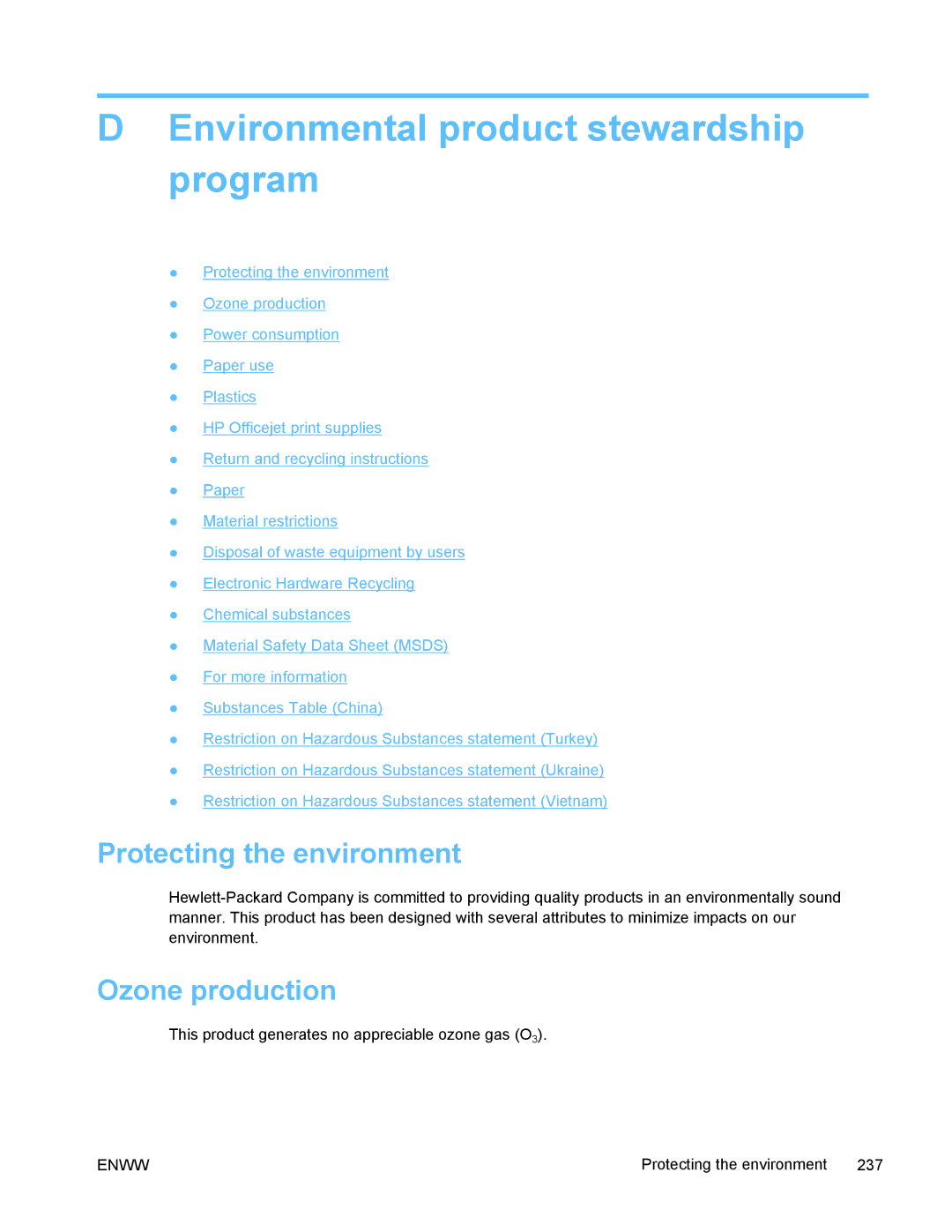 HP PRO X476 MFP manual Environmental product stewardship program, Protecting the environment, Ozone production 