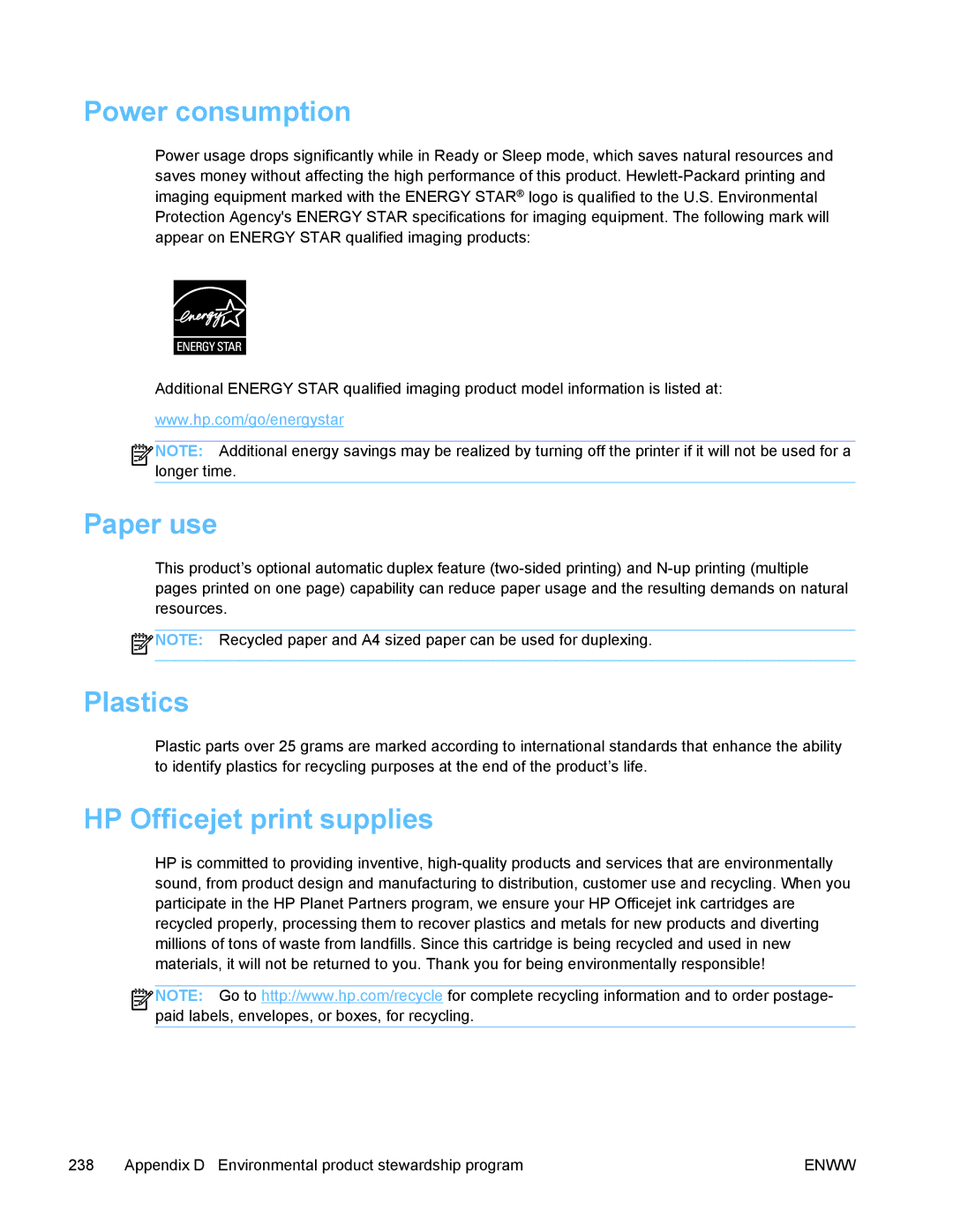 HP PRO X476 MFP manual Power consumption, Paper use, Plastics, HP Officejet print supplies 