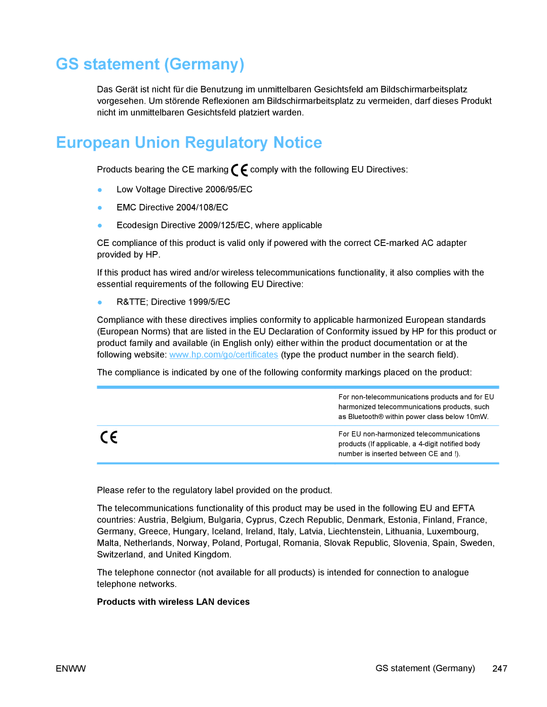 HP PRO X476 MFP manual GS statement Germany, European Union Regulatory Notice 