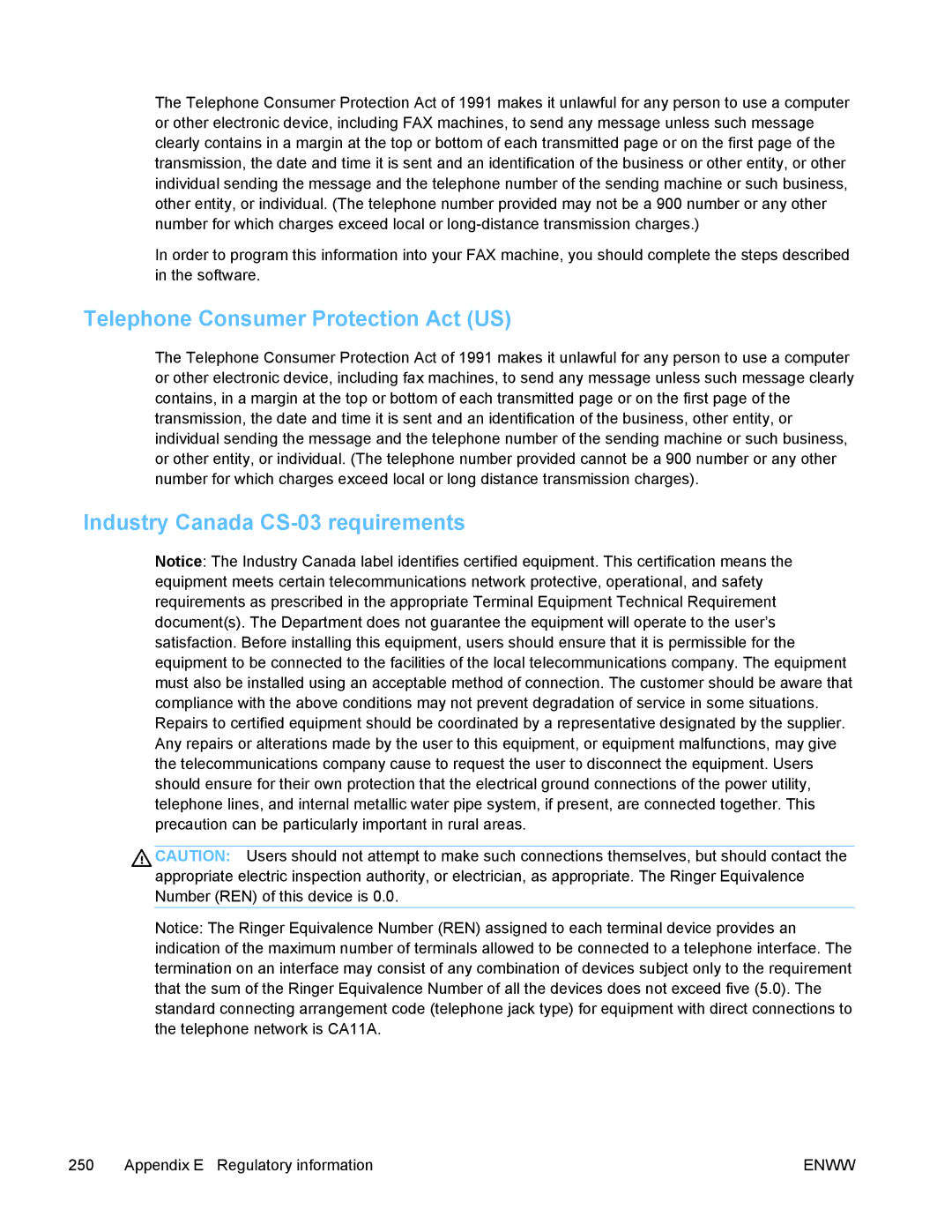 HP PRO X476 MFP manual Telephone Consumer Protection Act US, Industry Canada CS-03 requirements 