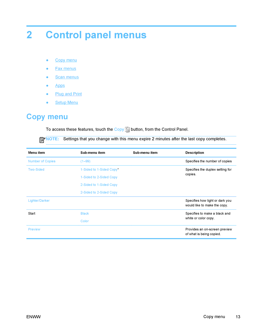 HP PRO X476 MFP manual Control panel menus, Copy menu 