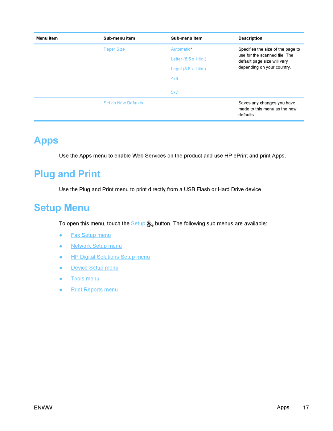 HP PRO X476 MFP manual Apps, Plug and Print, Setup Menu 