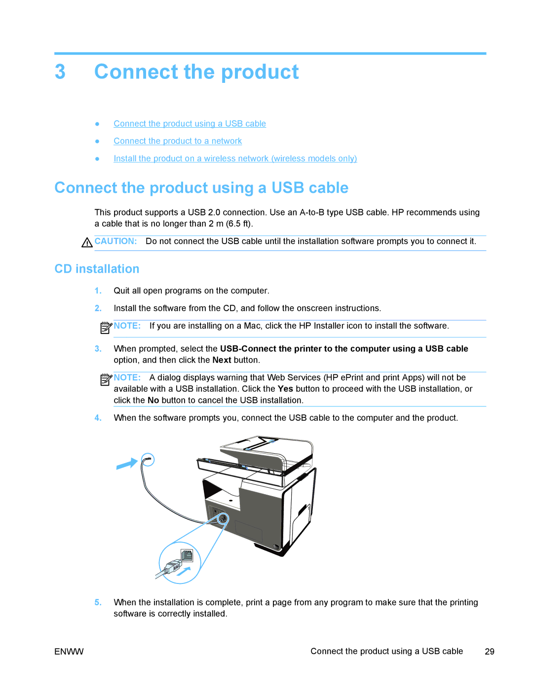 HP PRO X476 MFP manual Connect the product using a USB cable, CD installation 