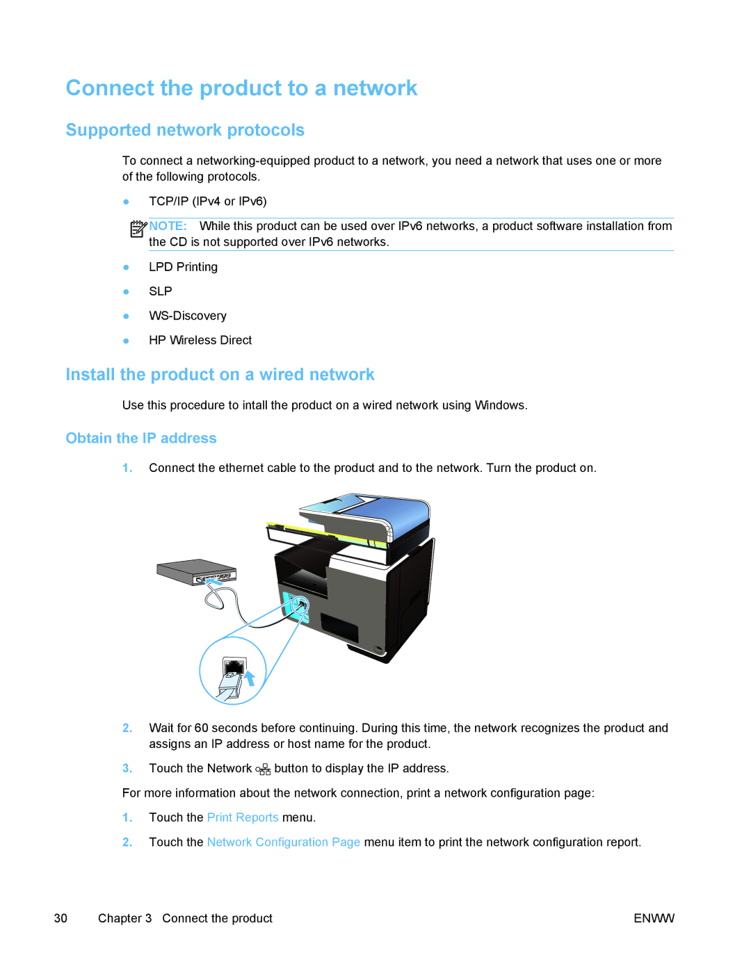 HP PRO X476 MFP Connect the product to a network, Supported network protocols, Install the product on a wired network 