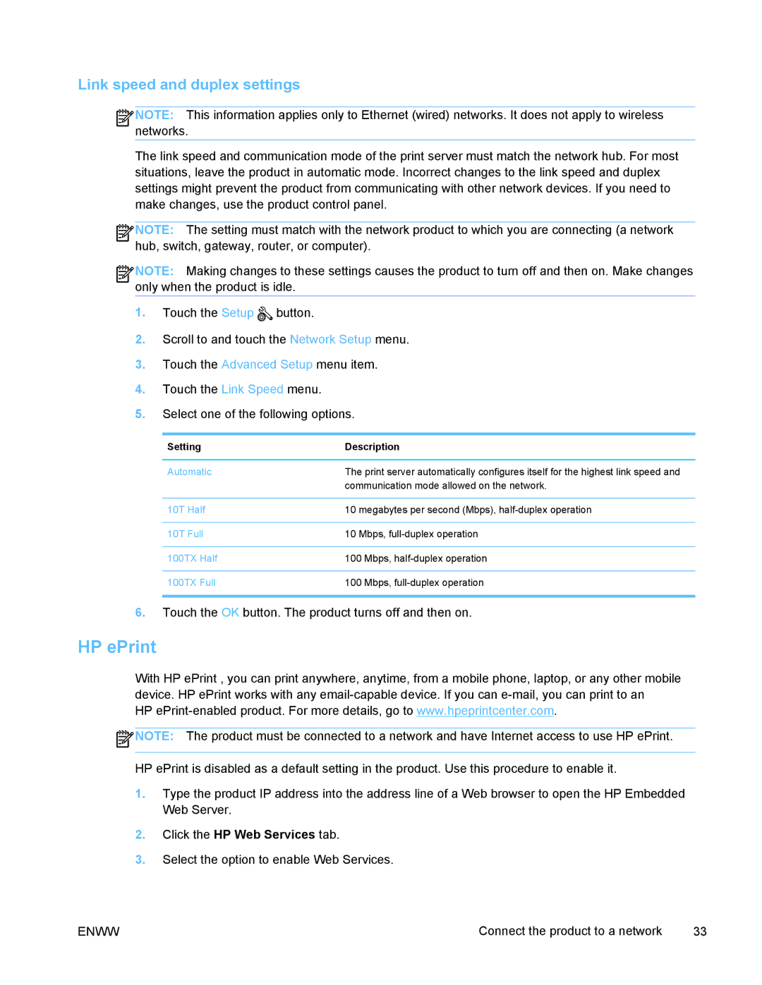 HP PRO X476 MFP manual HP ePrint, Link speed and duplex settings, Setting Description 