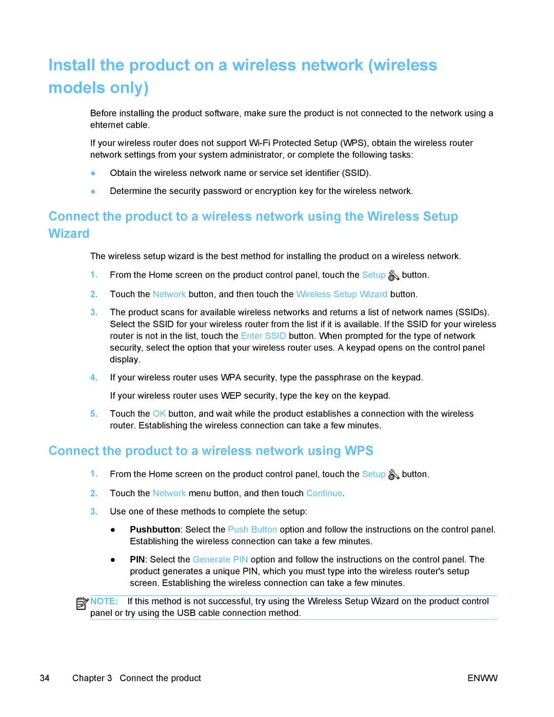 HP PRO X476 MFP manual Connect the product to a wireless network using WPS 