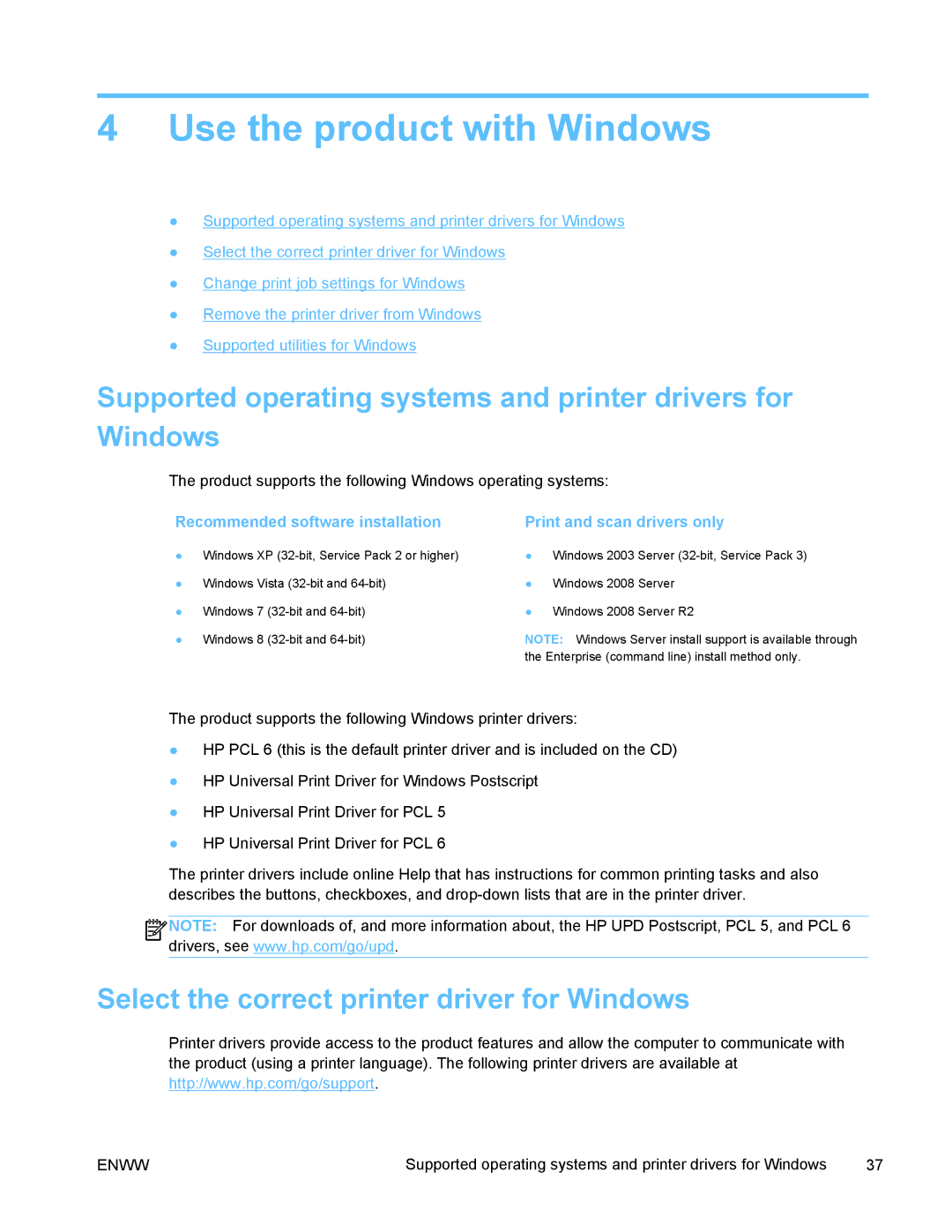 HP PRO X476 MFP manual Use the product with Windows, Supported operating systems and printer drivers for Windows 