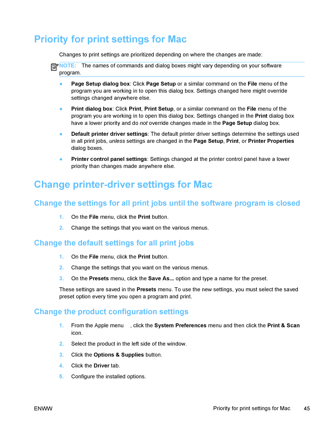 HP PRO X476 MFP manual Priority for print settings for Mac, Change printer-driver settings for Mac 