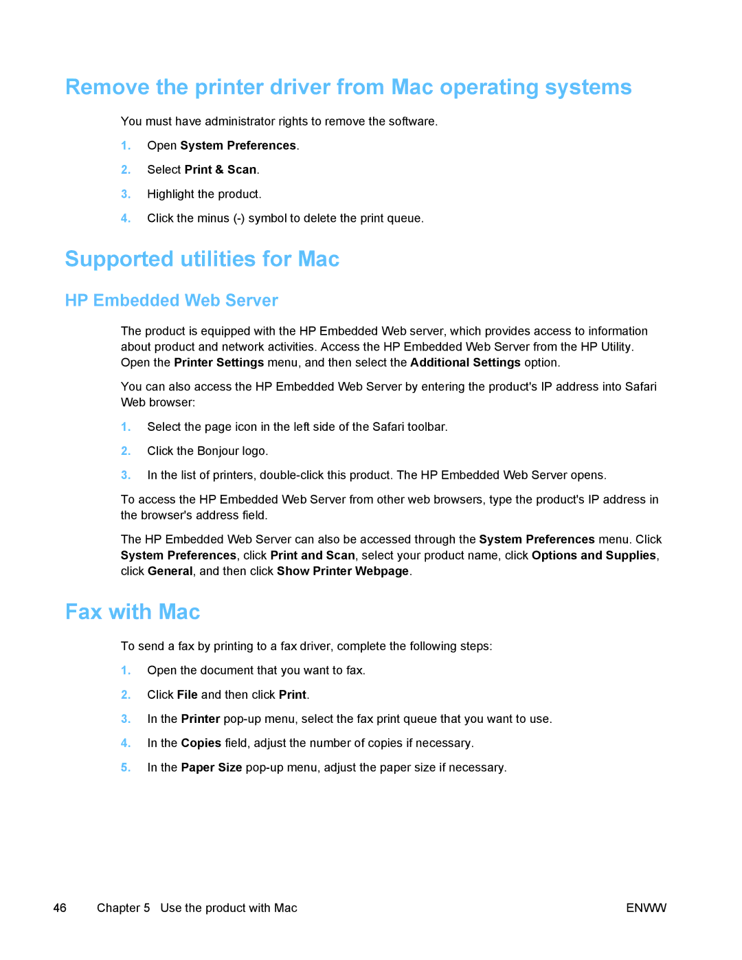 HP PRO X476 MFP manual Remove the printer driver from Mac operating systems, Supported utilities for Mac, Fax with Mac 