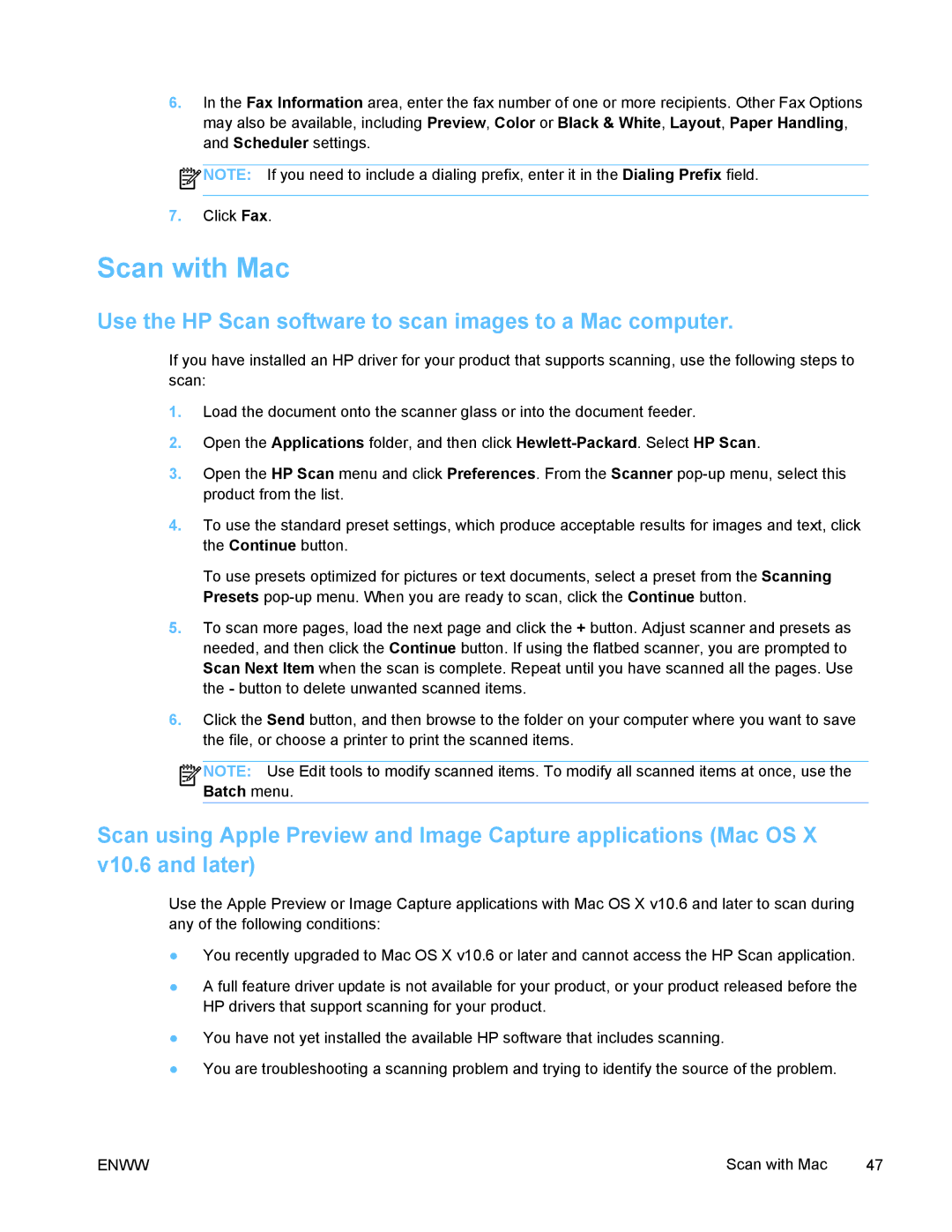 HP PRO X476 MFP manual Scan with Mac, Use the HP Scan software to scan images to a Mac computer 