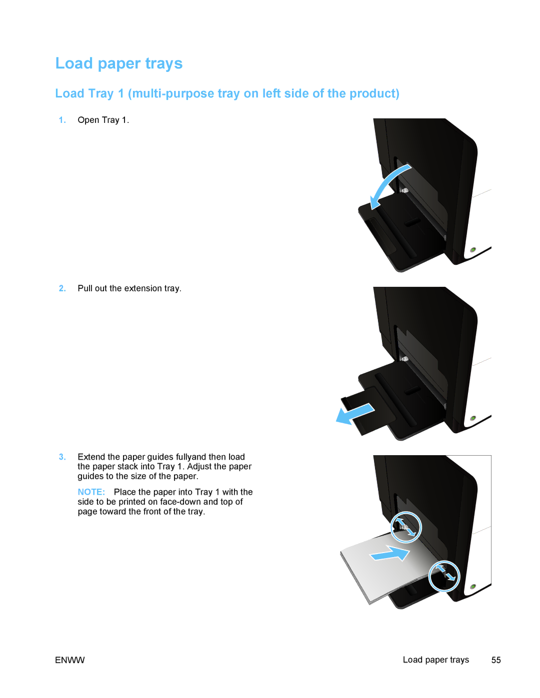 HP PRO X476 MFP manual Load paper trays, Load Tray 1 multi-purpose tray on left side of the product 