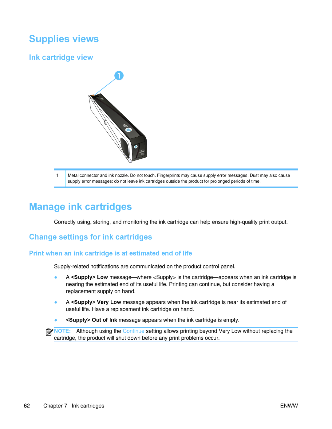 HP PRO X476 MFP manual Supplies views, Manage ink cartridges, Ink cartridge view, Change settings for ink cartridges 