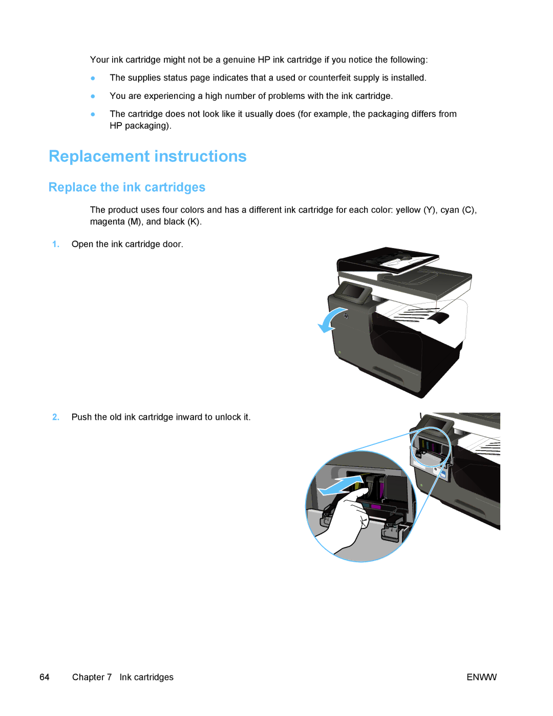 HP PRO X476 MFP manual Replacement instructions, Replace the ink cartridges 