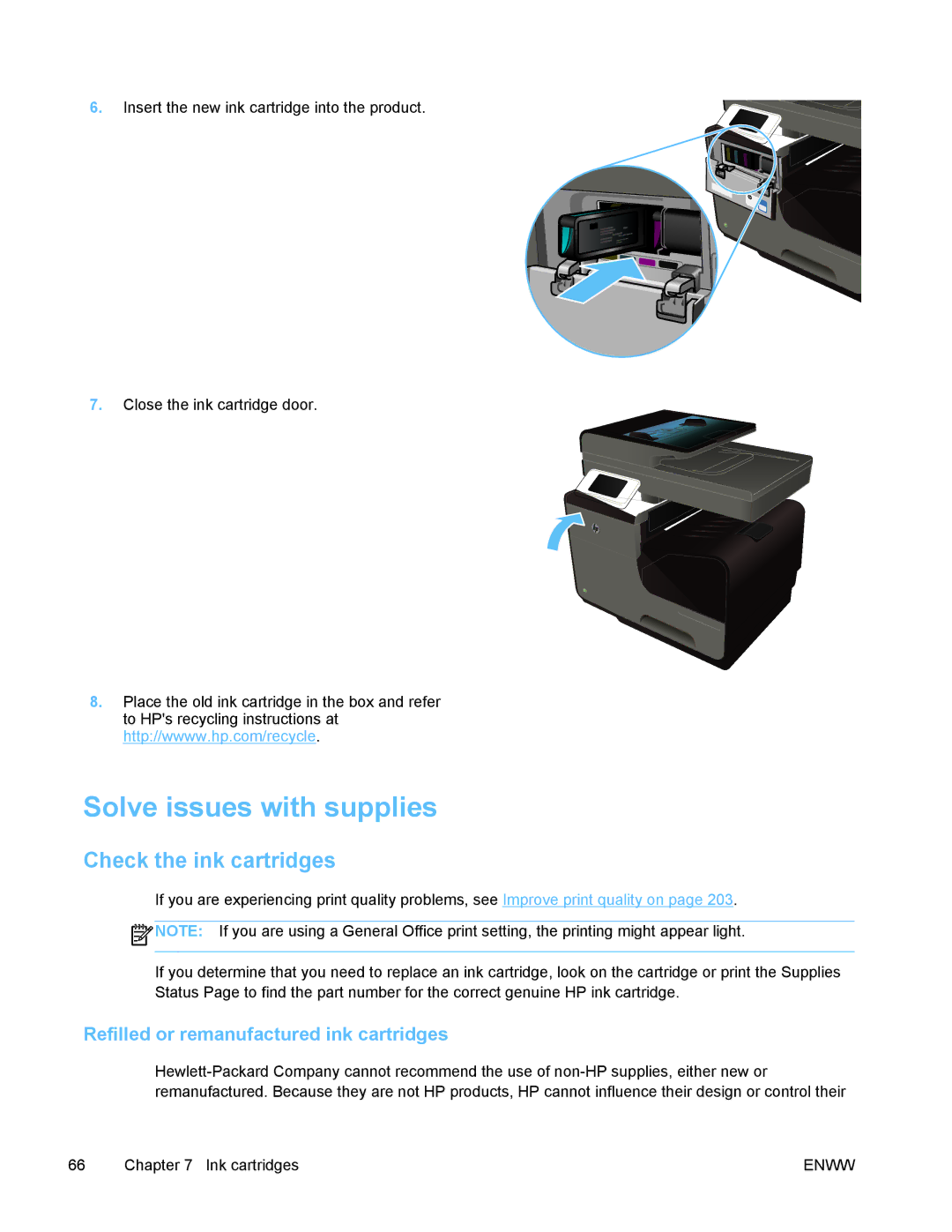 HP PRO X476 MFP manual Solve issues with supplies, Check the ink cartridges, Refilled or remanufactured ink cartridges 