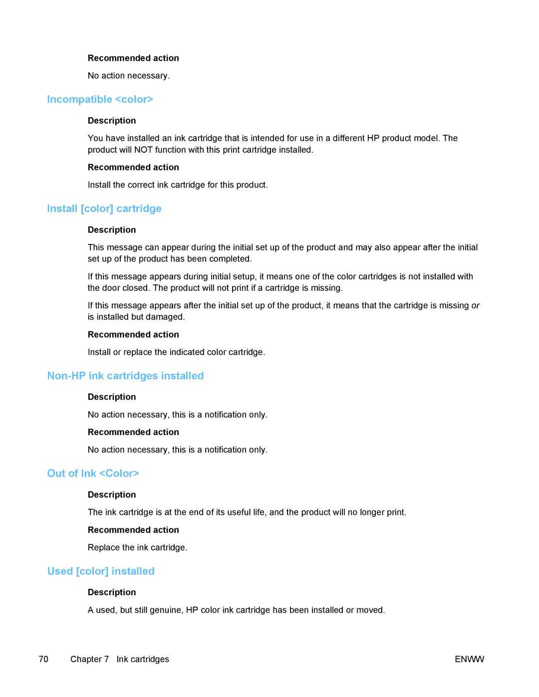 HP PRO X476 MFP manual Incompatible color, Install color cartridge, Non-HP ink cartridges installed, Out of Ink Color 