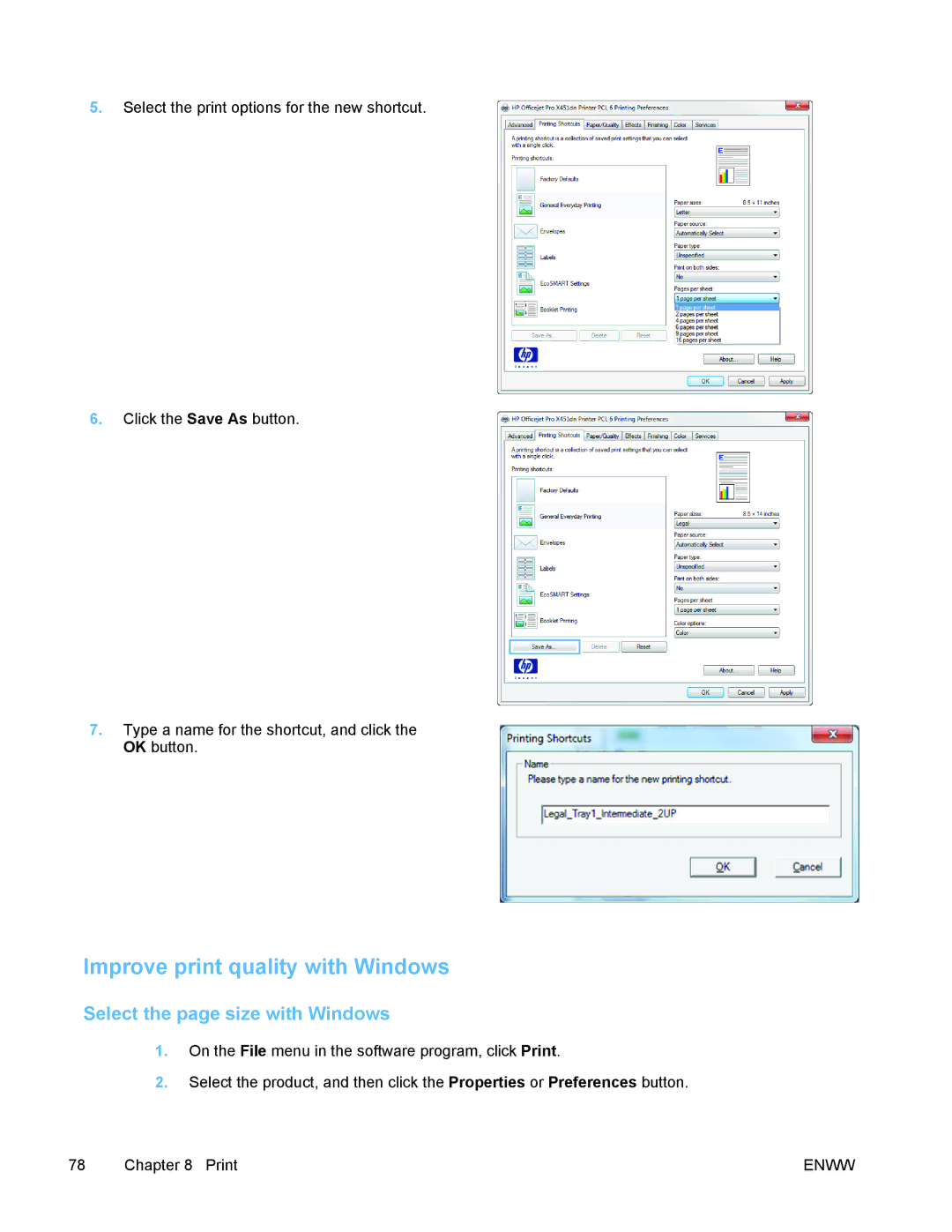 HP PRO X476 MFP manual Improve print quality with Windows, Select the page size with Windows 