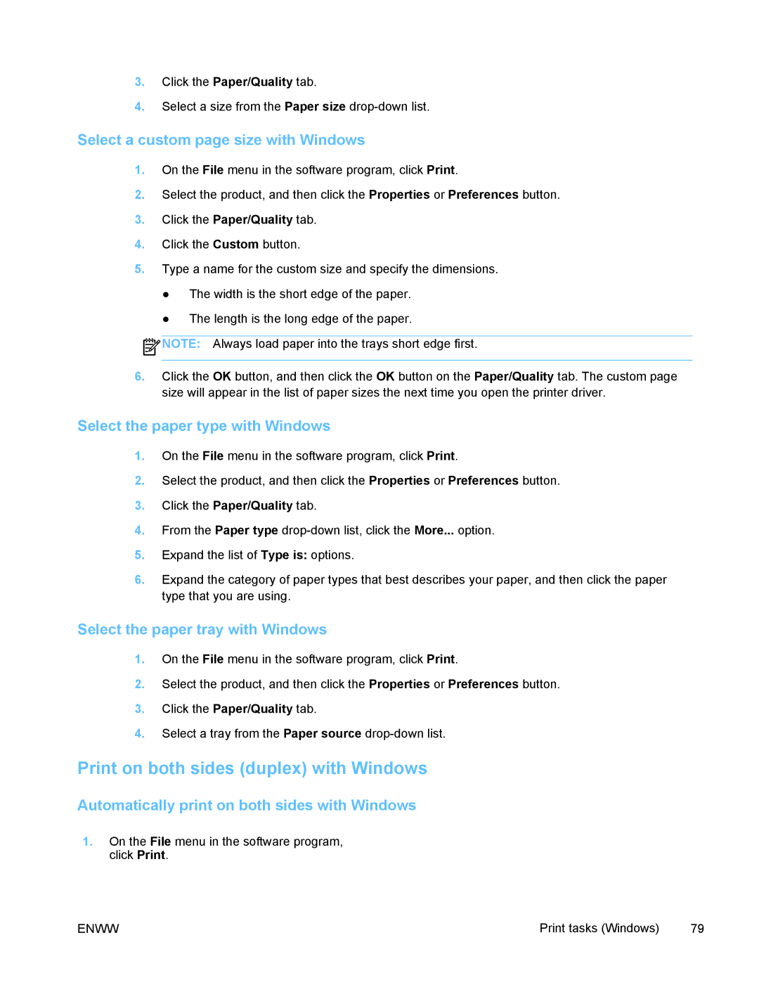 HP PRO X476 MFP manual Print on both sides duplex with Windows, Select a custom page size with Windows 