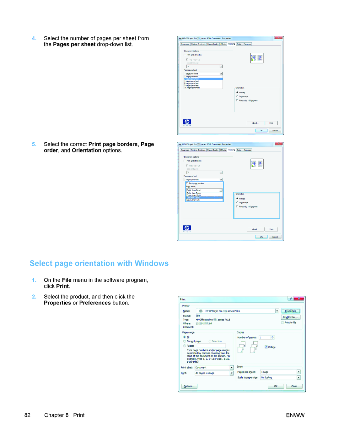 HP PRO X476 MFP manual Select page orientation with Windows 