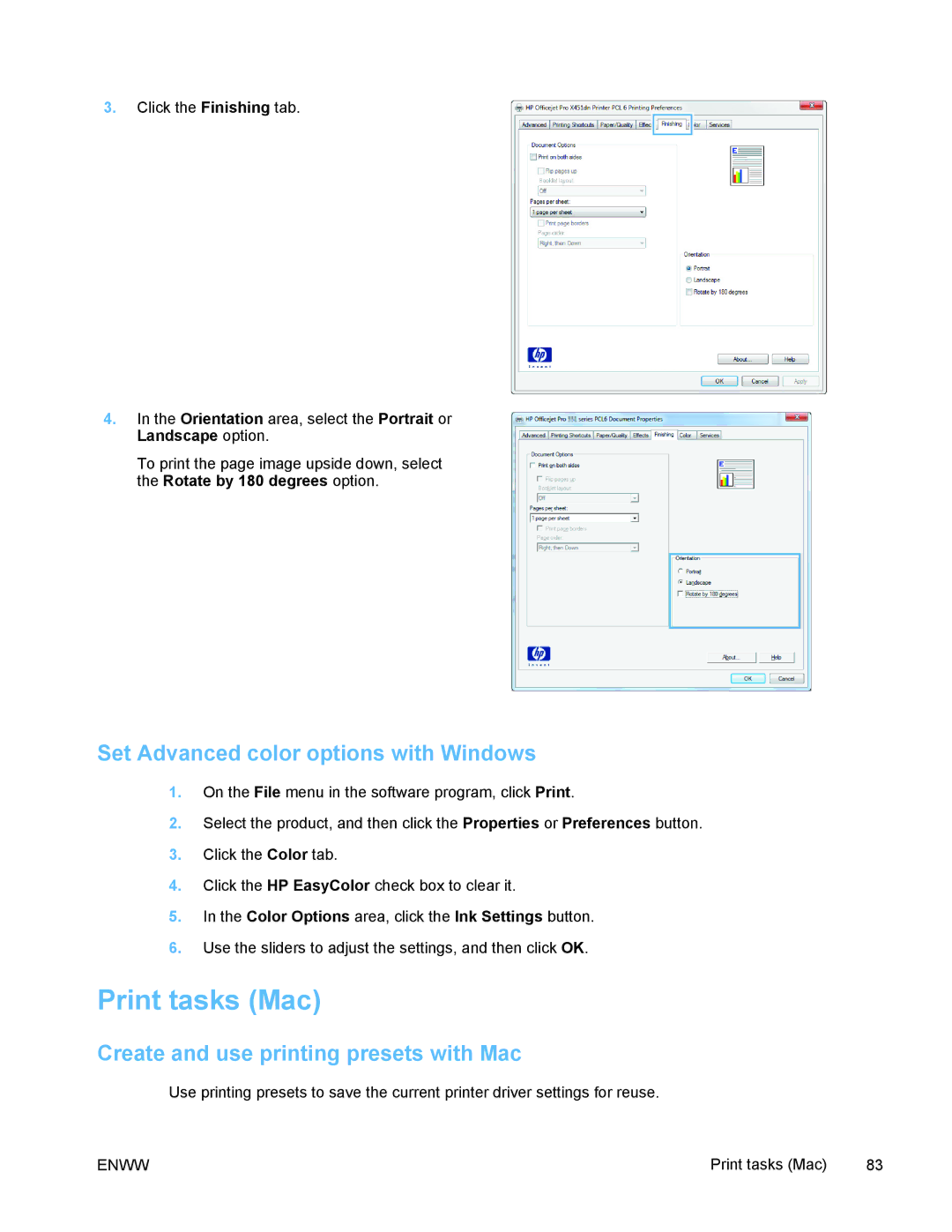 HP PRO X476 MFP manual Print tasks Mac, Set Advanced color options with Windows, Create and use printing presets with Mac 