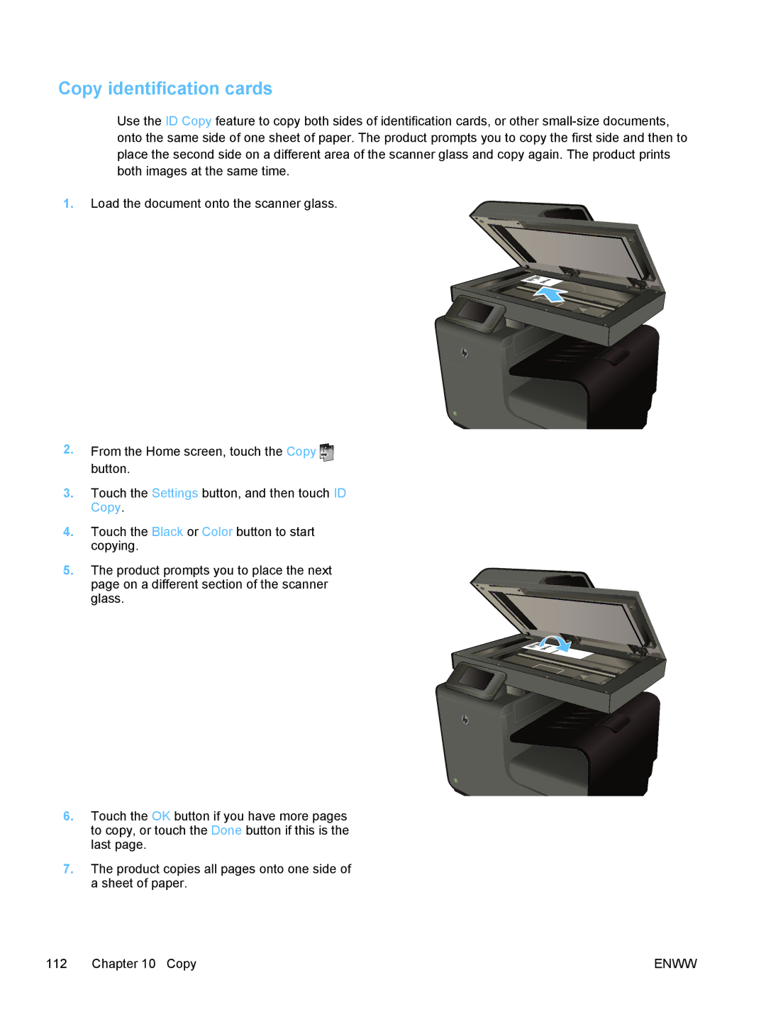 HP Pro X476dw CN461AB1H, Pro X476dn Inkjet CN460A#B1H manual Copy identification cards 