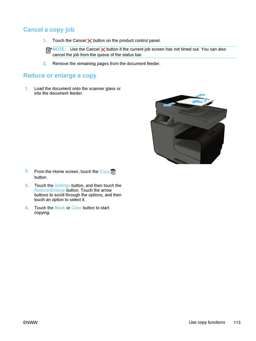 HP Pro X476dn Inkjet CN460A#B1H, Pro X476dw CN461AB1H manual Cancel a copy job, Reduce or enlarge a copy 