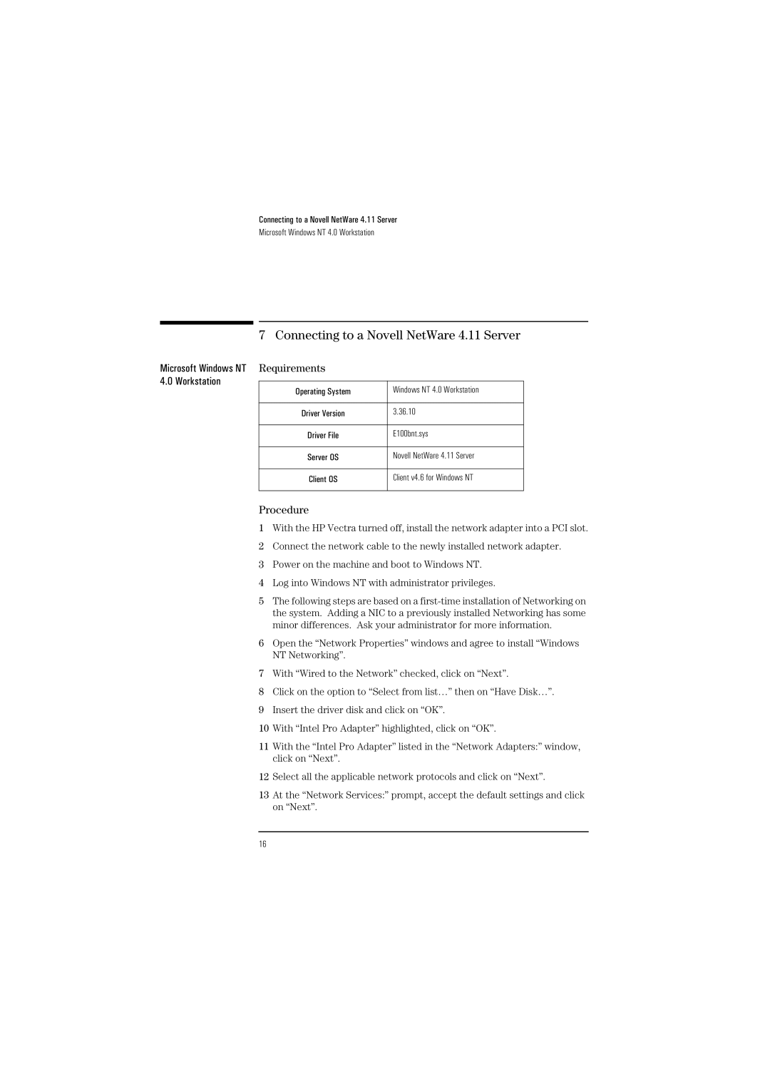 HP Pro100B manual Connecting to a Novell NetWare 4.11 Server 