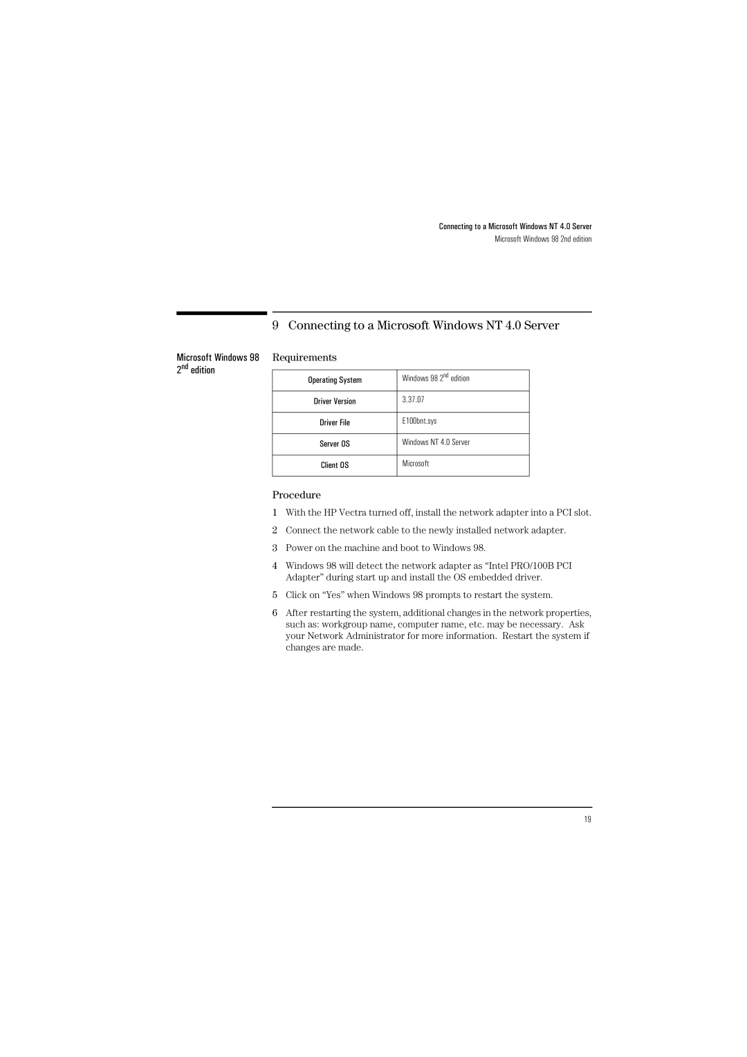 HP Pro100B manual Connecting to a Microsoft Windows NT 4.0 Server 