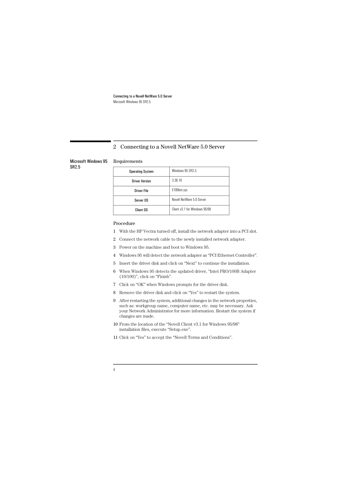 HP Pro100B manual Connecting to a Novell NetWare 5.0 Server, Requirements 