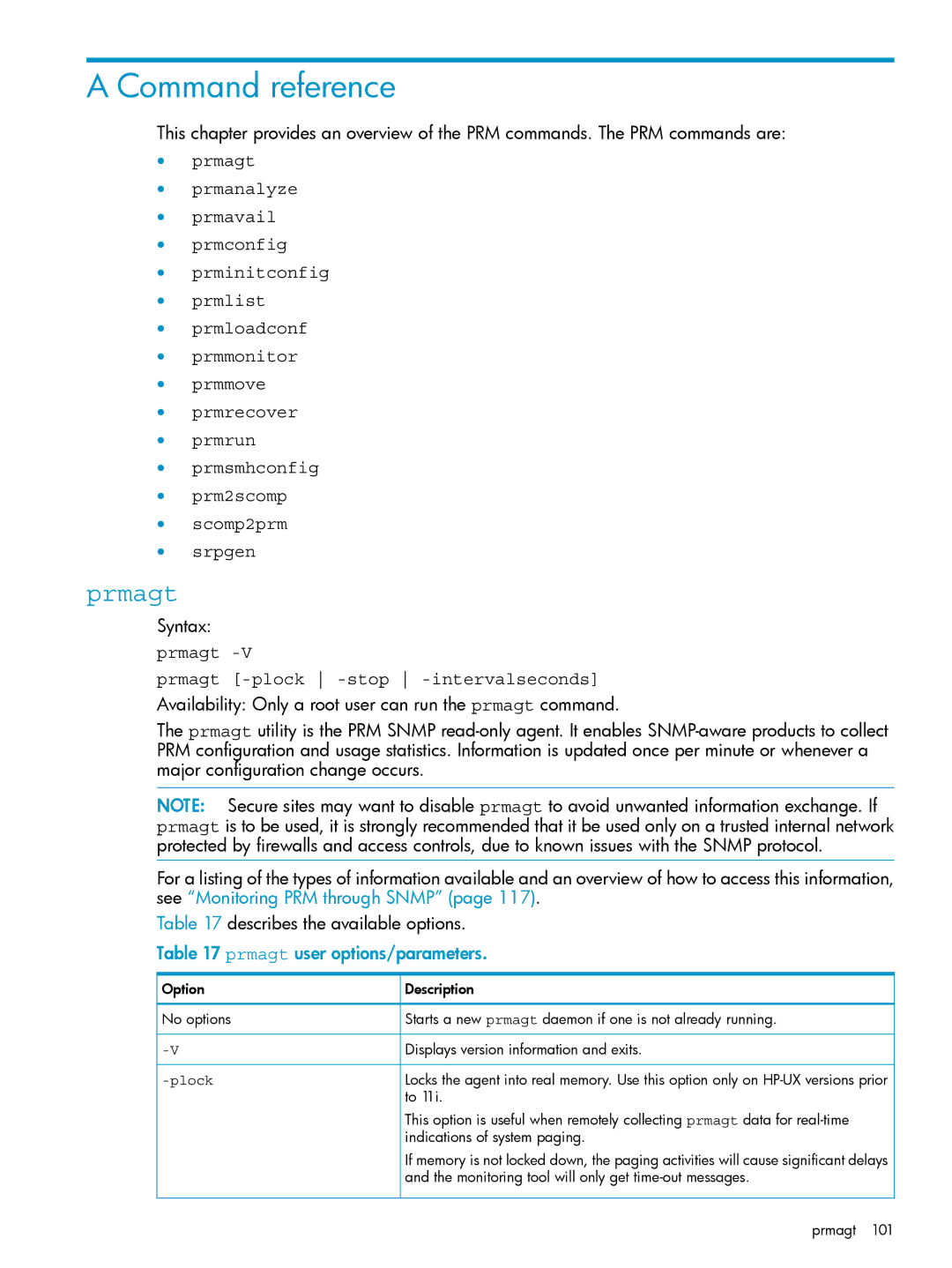 HP Process Resource Manager (PRM) manual Command reference, Prmagt Prmagt -plock -stop -intervalseconds, Plock 