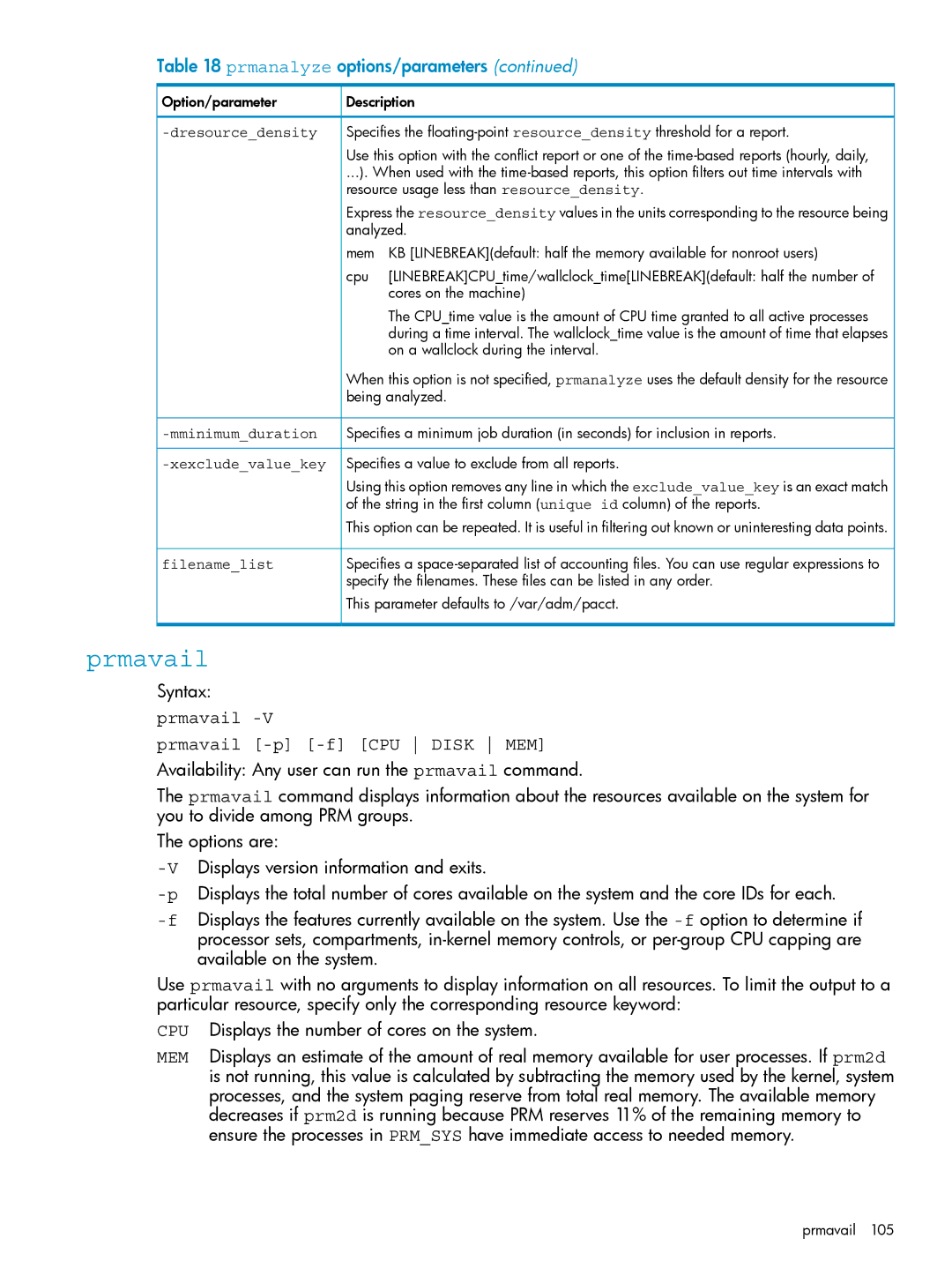 HP Process Resource Manager (PRM) Prmavail Prmavail -p -f CPU Disk MEM, Dresourcedensity, Mminimumduration, Filenamelist 