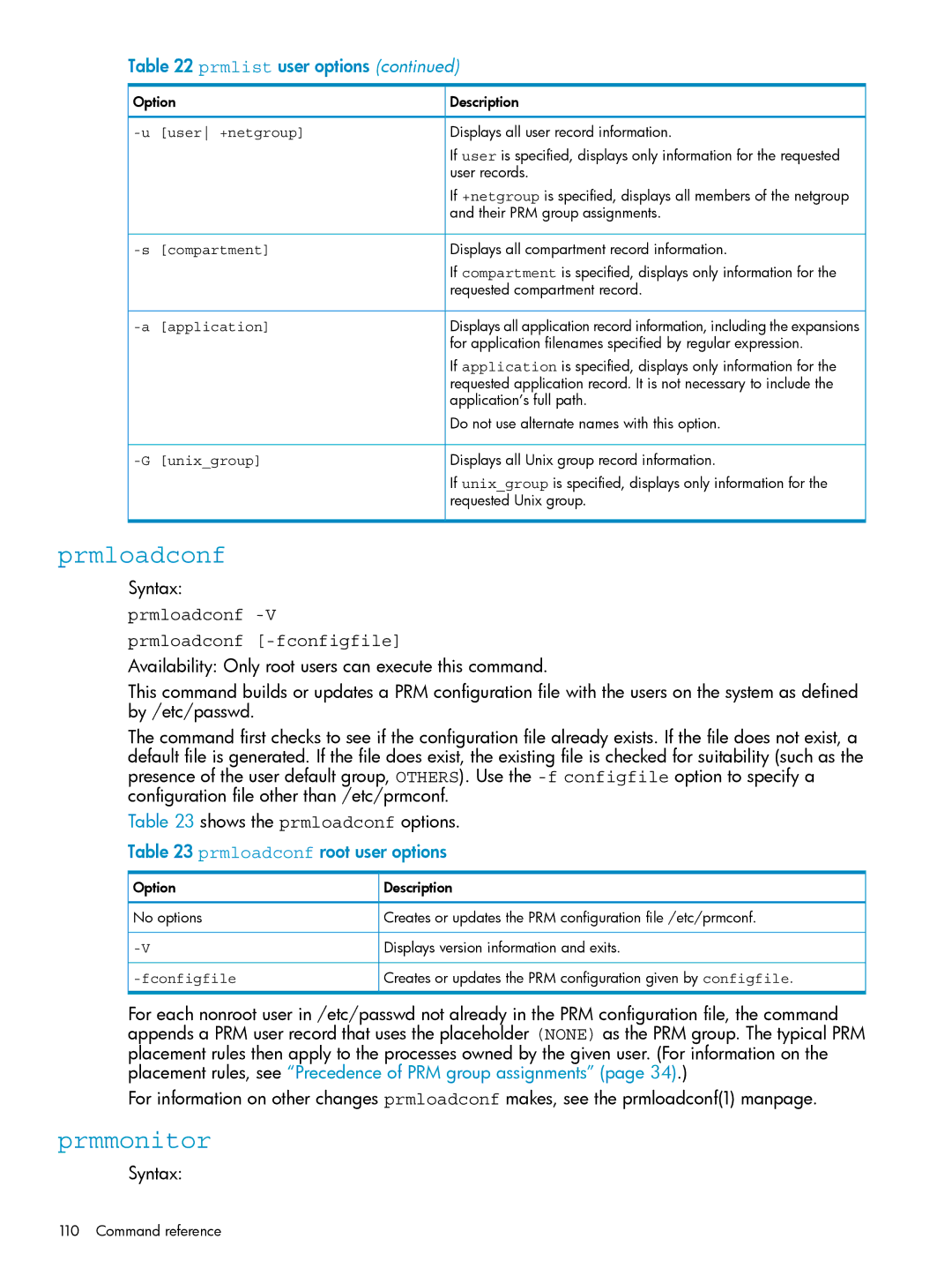 HP Process Resource Manager (PRM) manual Prmlist user options, Prmloadconf Prmloadconf -fconfigfile 