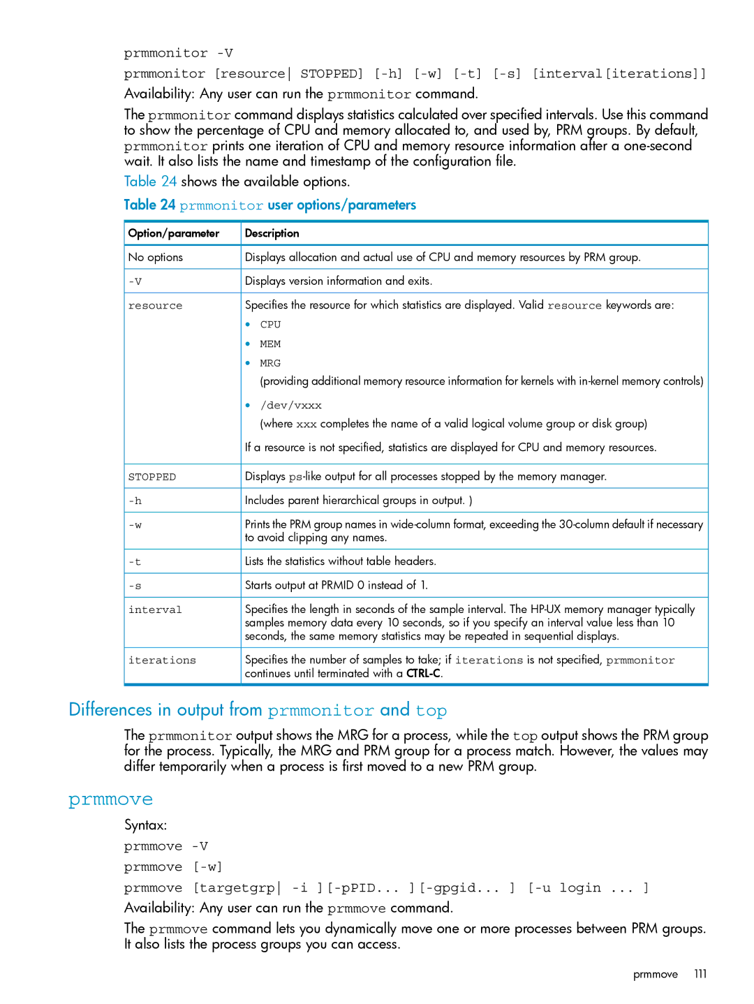 HP Process Resource Manager (PRM) manual Differences in output from prmmonitor and top, Prmmonitor user options/parameters 