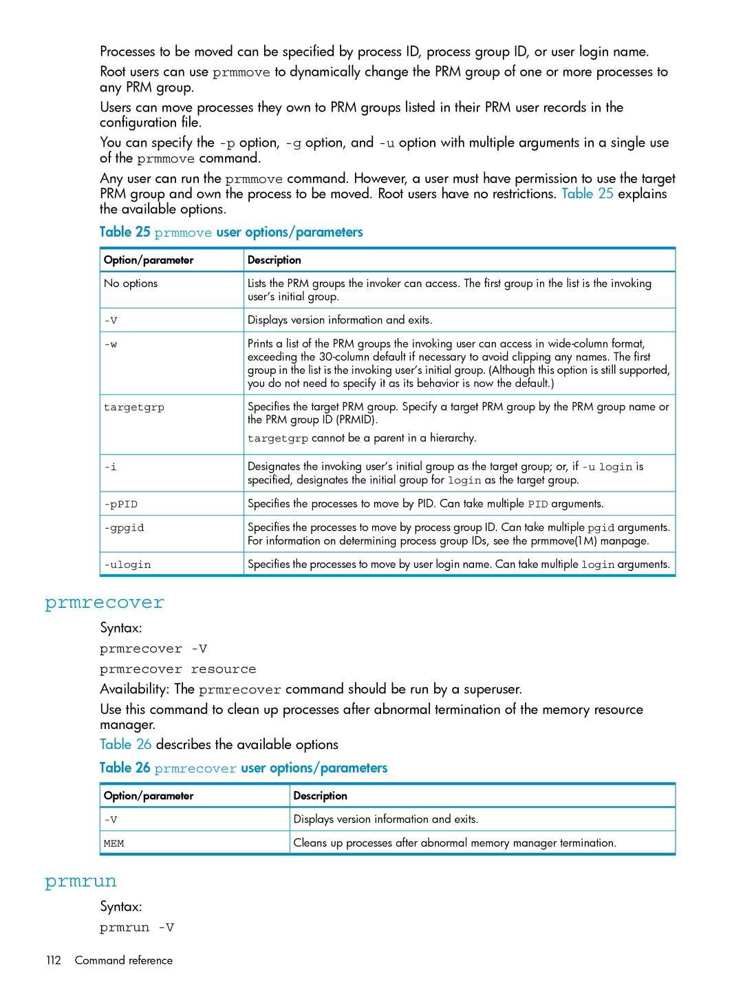 HP Process Resource Manager (PRM) manual Prmmove user options/parameters, Prmrecover Prmrecover resource 