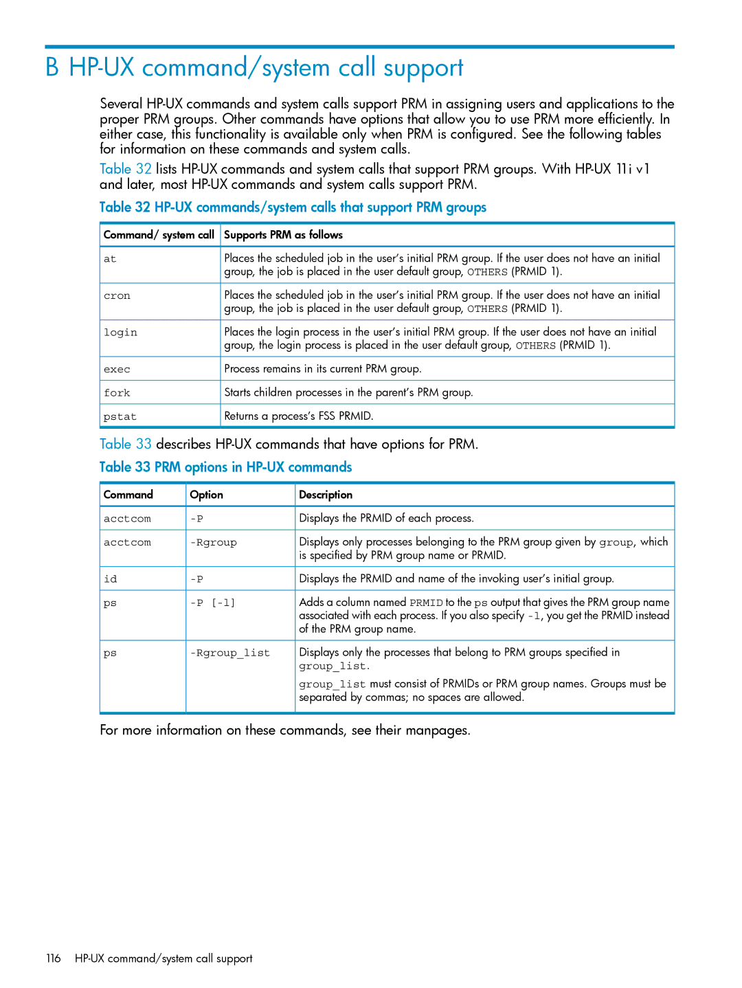 HP Process Resource Manager (PRM) HP-UX command/system call support, HP-UX commands/system calls that support PRM groups 