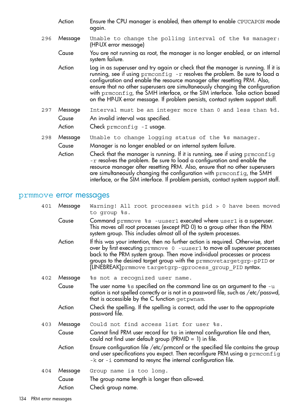 HP Process Resource Manager (PRM) manual Prmmove error messages 