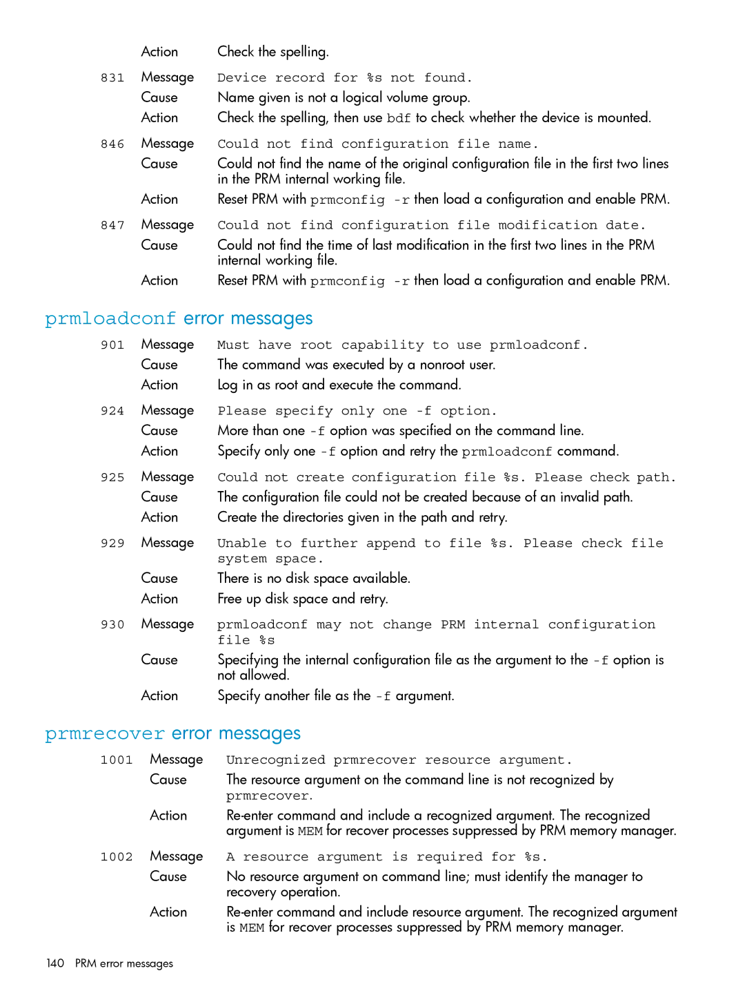 HP Process Resource Manager (PRM) manual Prmloadconf error messages, Prmrecover error messages 