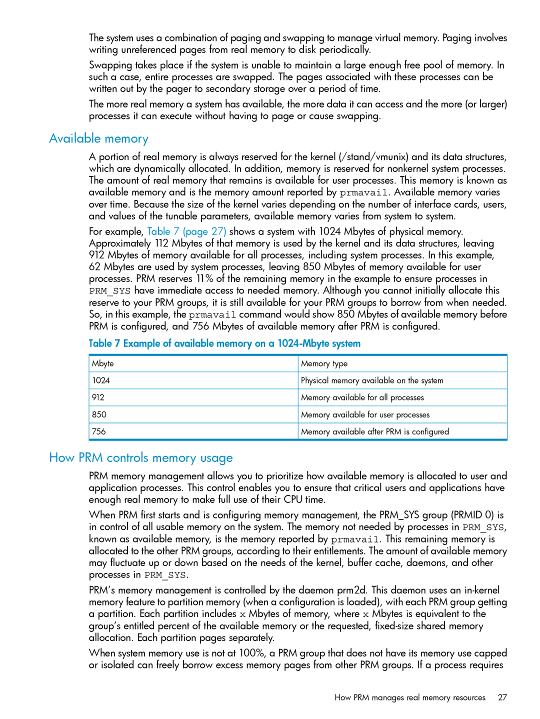 HP Process Resource Manager (PRM) manual Available memory, How PRM controls memory usage 