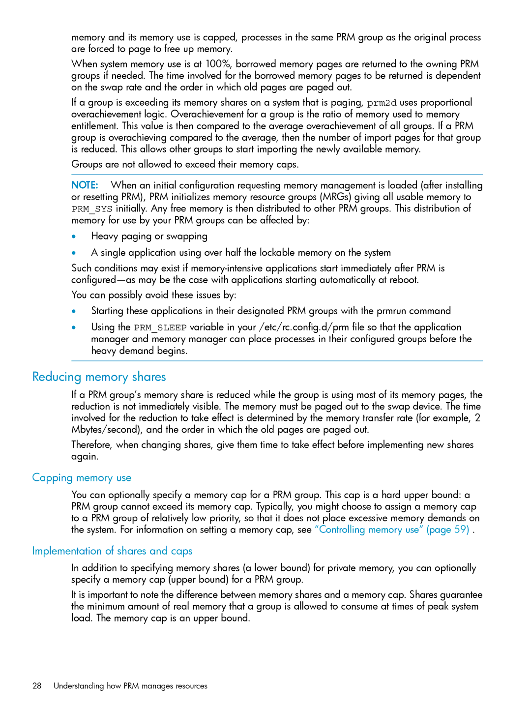 HP Process Resource Manager (PRM) manual Reducing memory shares, Capping memory use, Implementation of shares and caps 