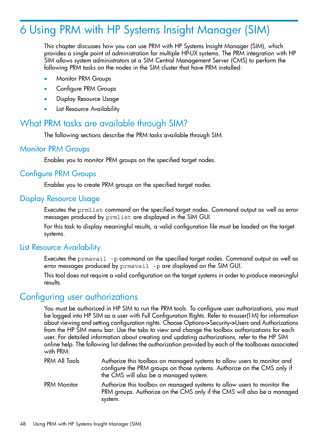 HP Process Resource Manager (PRM) Using PRM with HP Systems Insight Manager SIM, What PRM tasks are available through SIM? 
