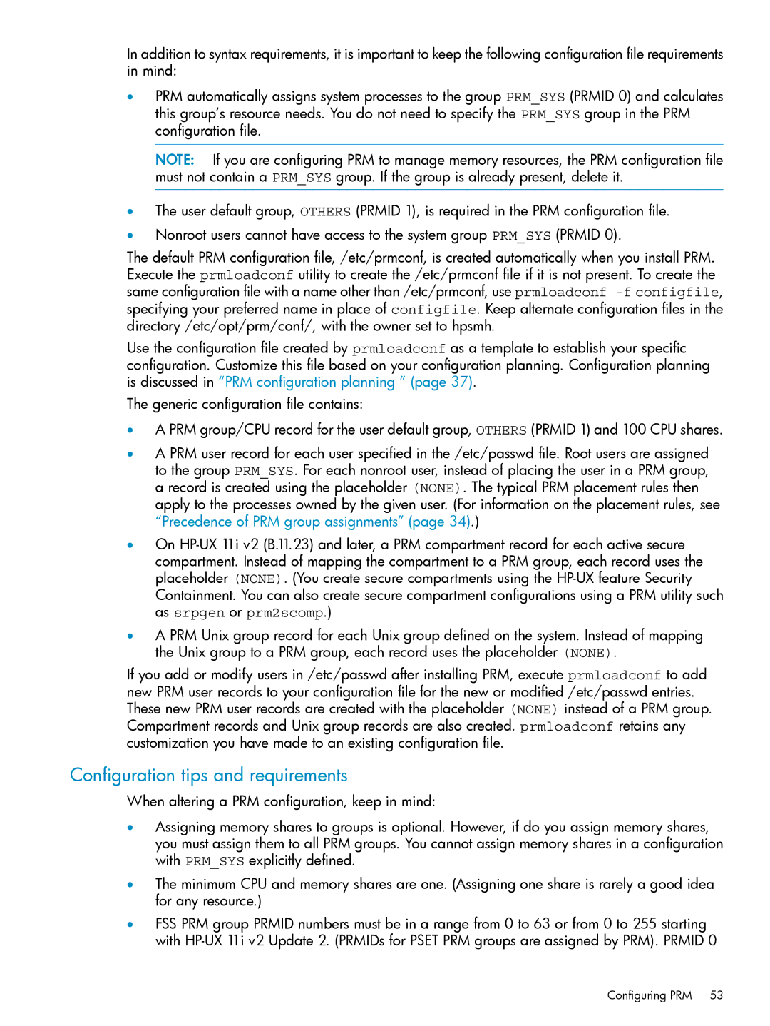 HP Process Resource Manager (PRM) manual Configuration tips and requirements 