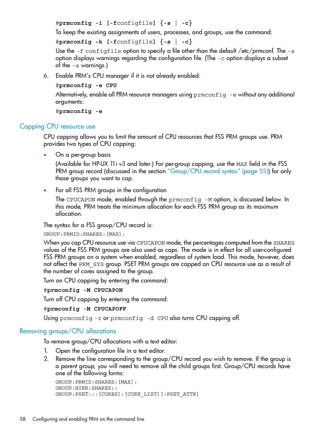 HP Process Resource Manager (PRM) manual Capping CPU resource use, Removing groups/CPU allocations 