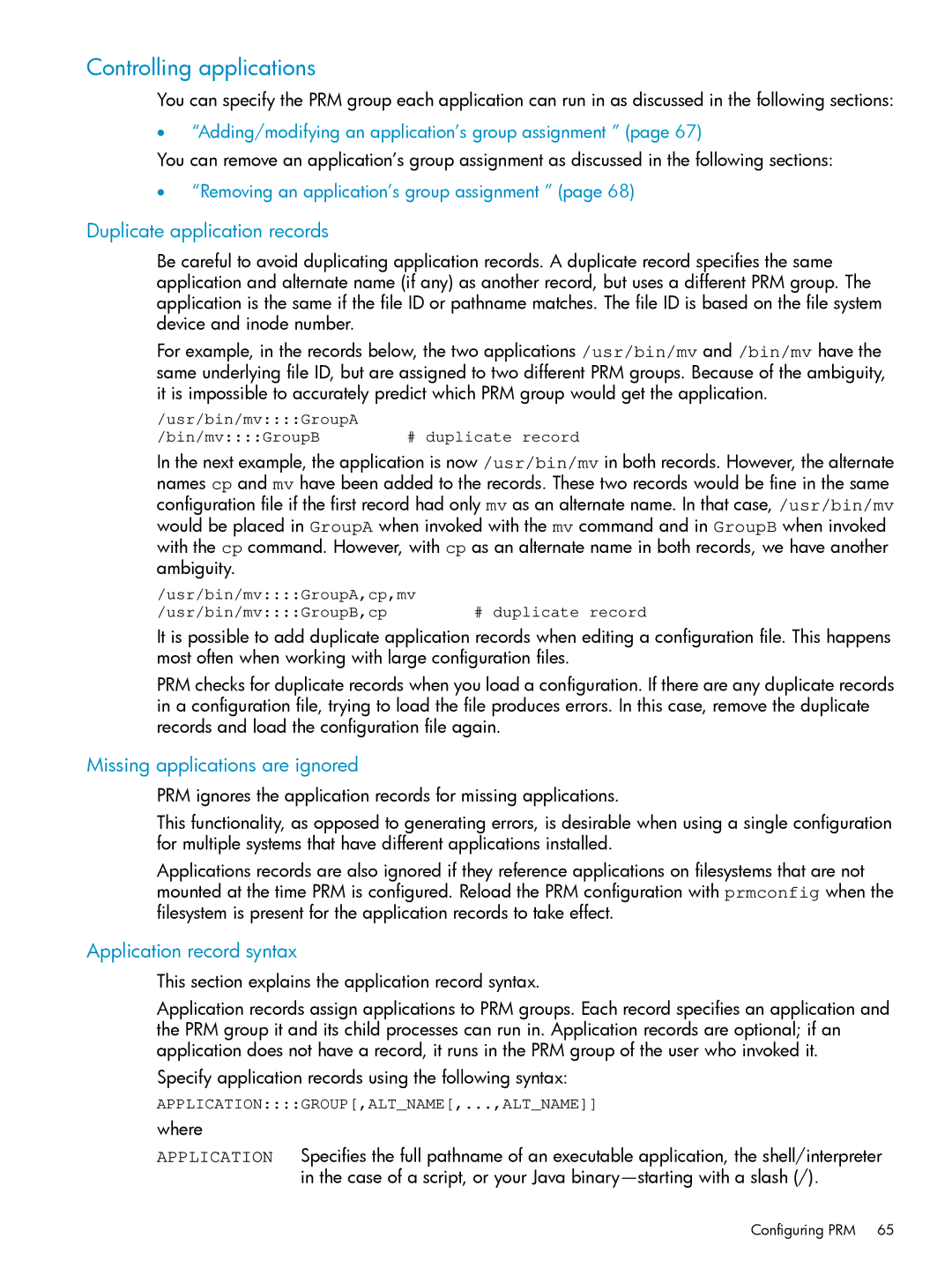 HP Process Resource Manager (PRM) manual Controlling applications, Duplicate application records, Application record syntax 