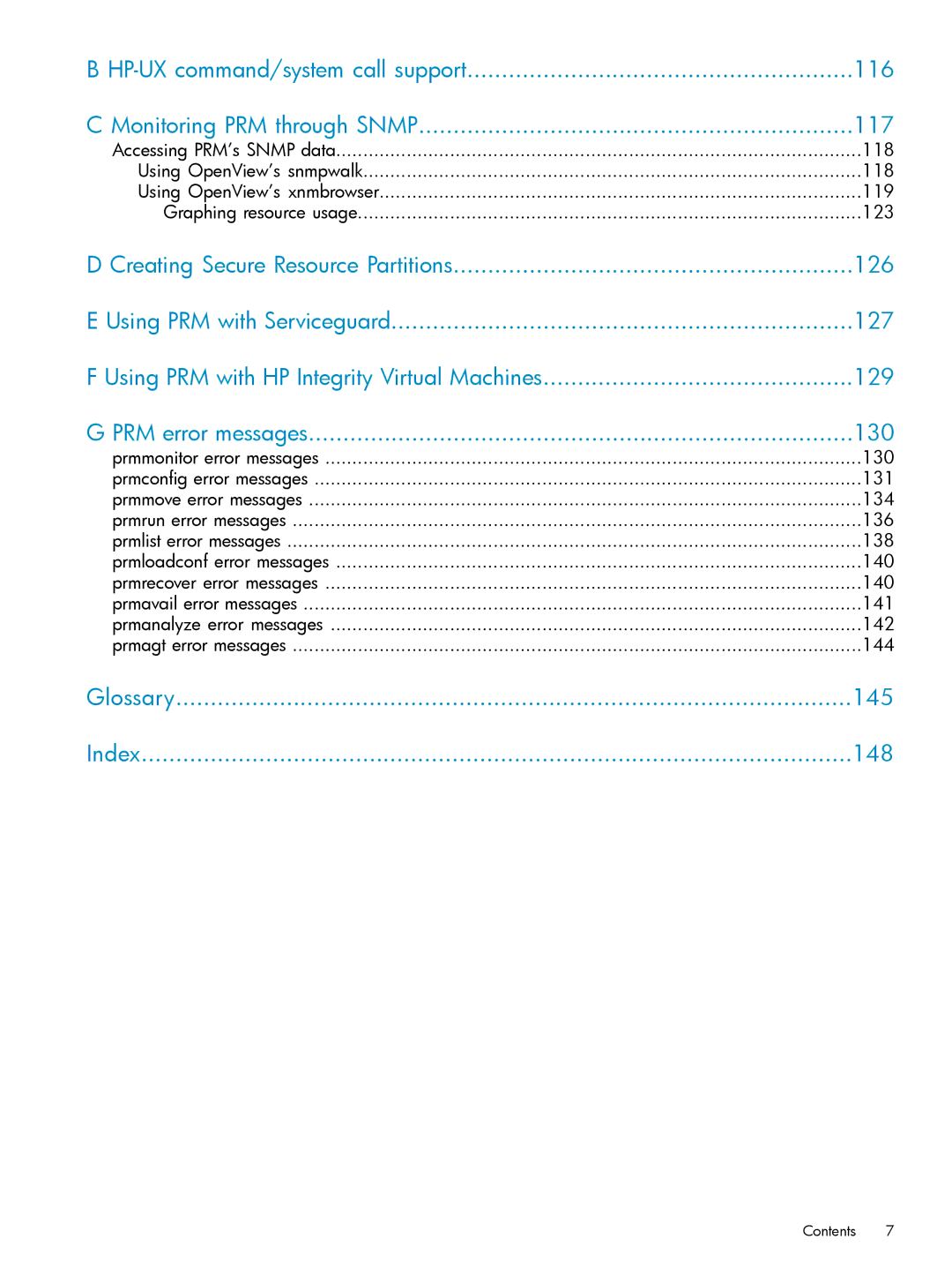 HP Process Resource Manager (PRM) manual Glossary 145 Index 148 