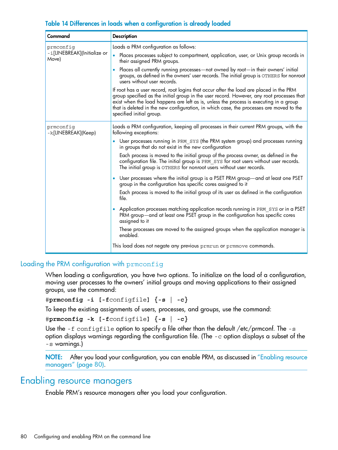 HP Process Resource Manager (PRM) Enabling resource managers, Loading the PRM configuration with prmconfig, Prmconfig 