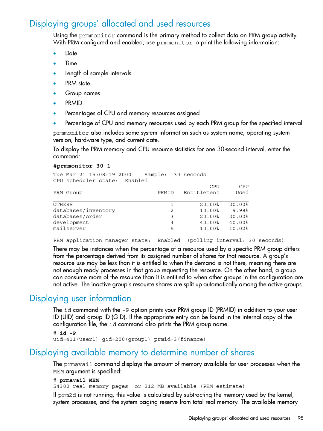 HP Process Resource Manager (PRM) manual Displaying groups’ allocated and used resources, Displaying user information 