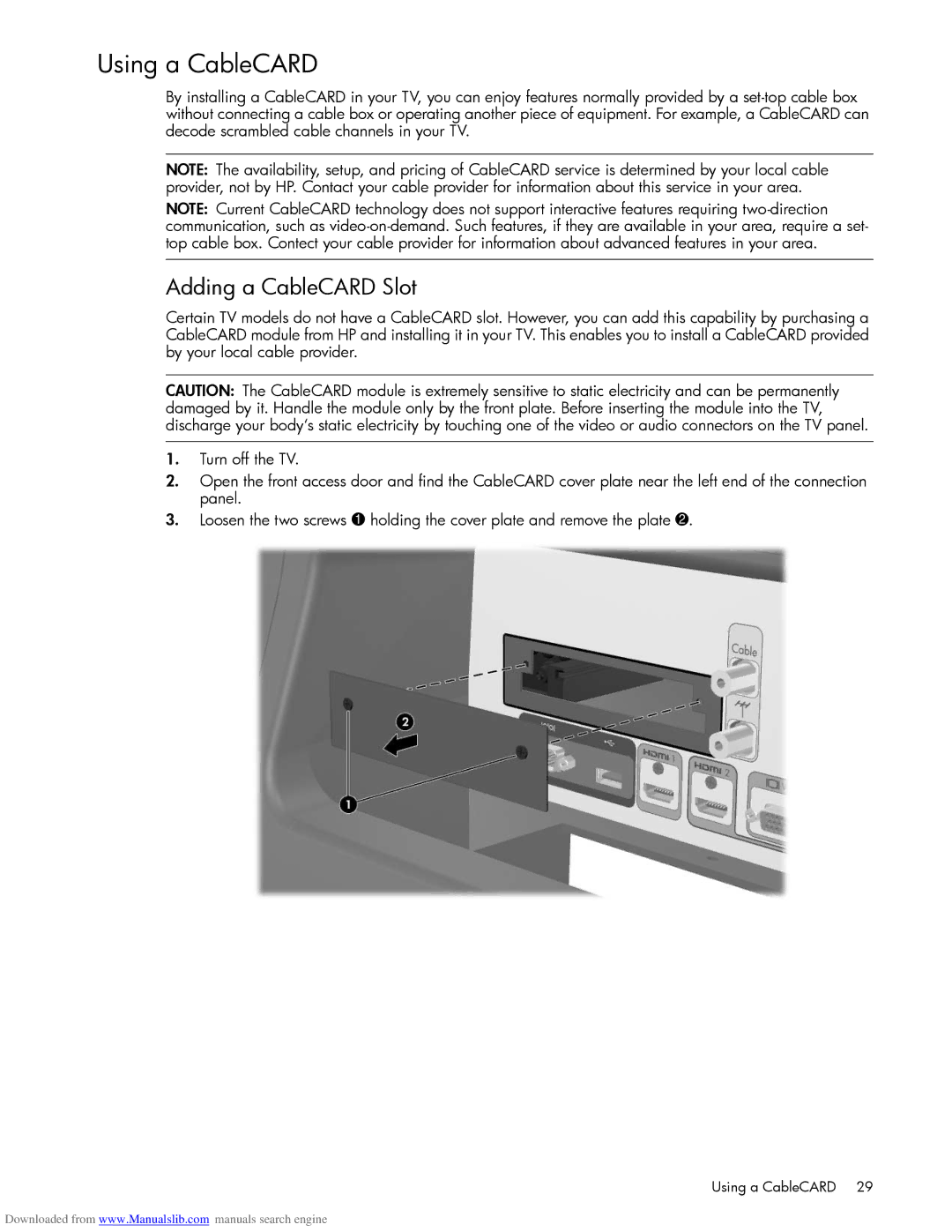 HP Projection Television MD5880N, Projection Television MD6580N manual Using a CableCARD, Adding a CableCARD Slot 