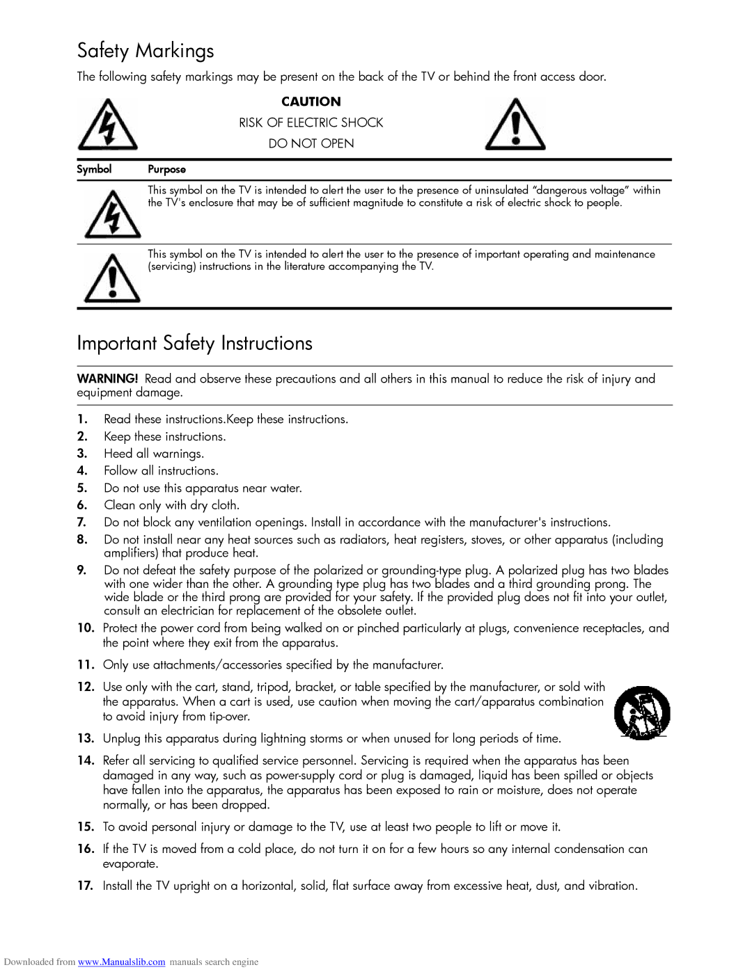 HP Projection Television MD5880N manual Safety Markings, Important Safety Instructions, Symbol Purpose 